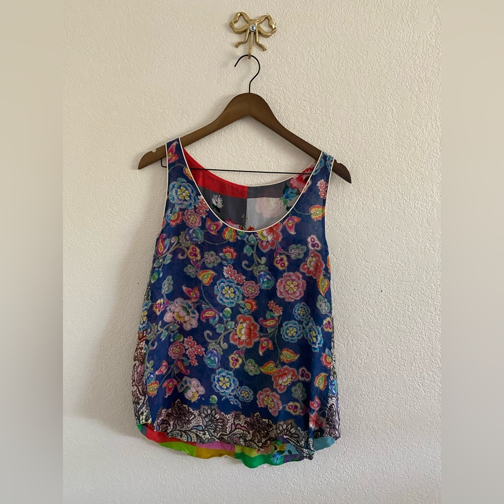 Johnny Was Block Mint Tank Top S Patchwork Floral Reversible Casual Oversized